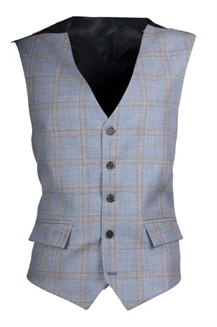 Maserto Slim Fit Blue Vest Plaid Patterned
