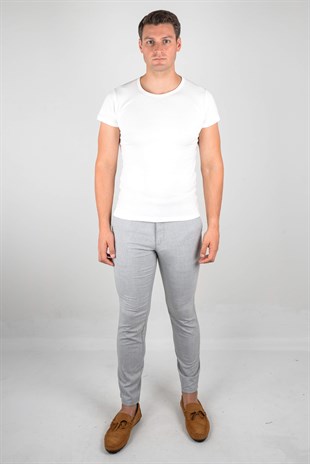 Maserto Light Gray Skinny Fit Trousers Plain Patterned
