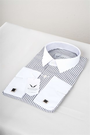 Maserto White Slim Fit Shirt Striped Patterned