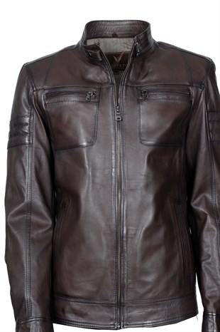 Maserto High Collar Dark Brown Leather Jacket