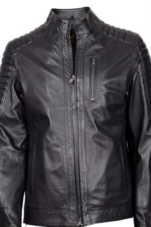 Maserto High Collar Black Leather Jacket Striped-Shoulder