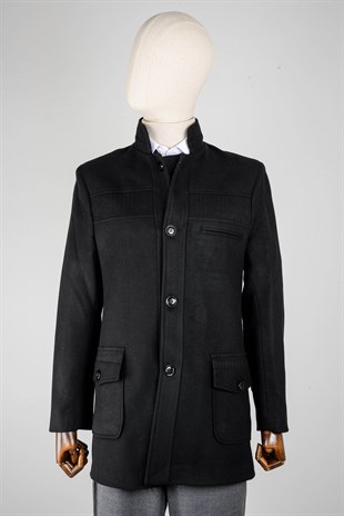 Maserto Black Coat Plain Patterned