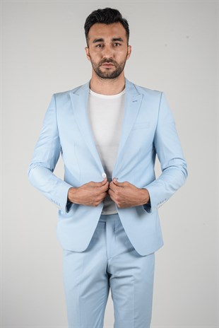Maserto Slim Fit Light Blue Suit Plain Patterned