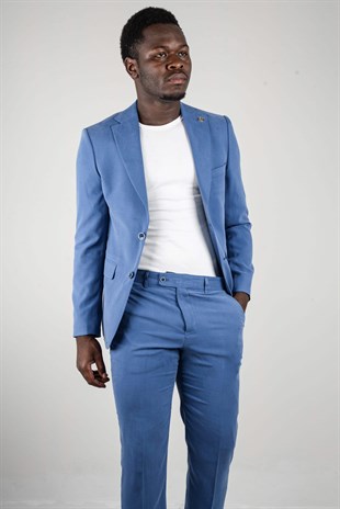 Maserto Slim Fit Blue Suit Plain Patterned