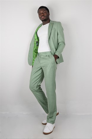 Maserto Slim Fit Green Suit Plain Patterned