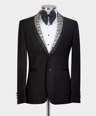 Maserto Slim Fit Black Tuxedo Collar Buttoned Patterned